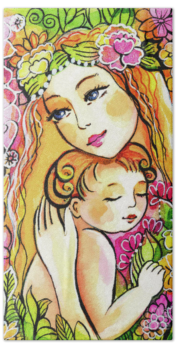 Mother And Child Beach Towel featuring the painting Yellow Madonna with Child by Eva Campbell