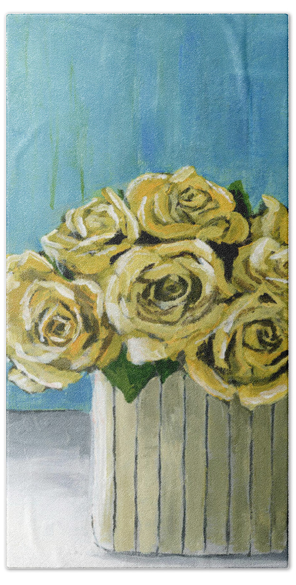 Roses Beach Sheet featuring the painting Yellow Roses In Vase by Debbie Brown