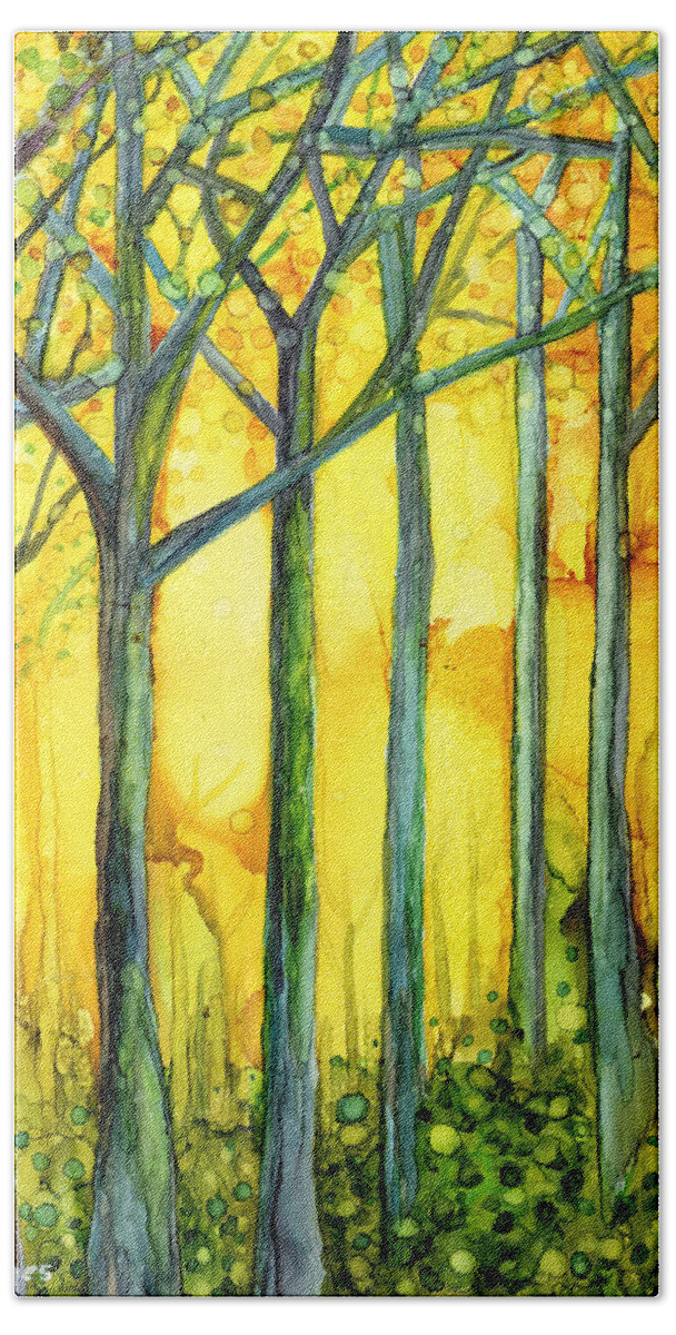 Landscape Beach Towel featuring the painting Yellow Sky Forest by Elaine Hodges