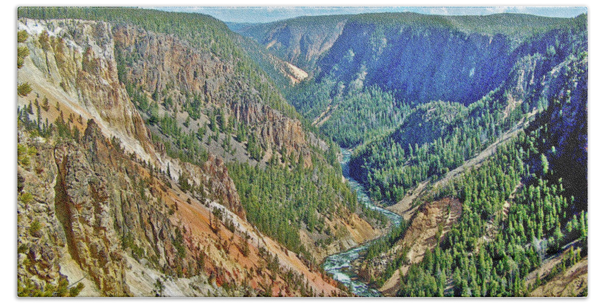 Yellowstone Canyon And River From Inspiration Point In Yellowstone National Park Beach Towel featuring the photograph Yellowstone Canyon and River from Inspiration Point in Yellowstone National Park, Wyoming by Ruth Hager