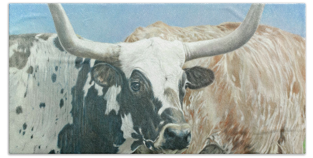 Longhorn Cattle Beach Towel featuring the drawing Yes, This Is Texas by Helen Bailey