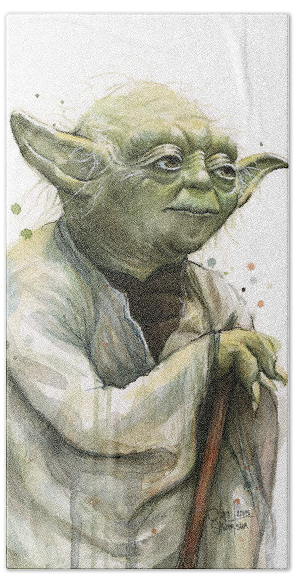 #faatoppicks Beach Towel featuring the painting Yoda Watercolor by Olga Shvartsur