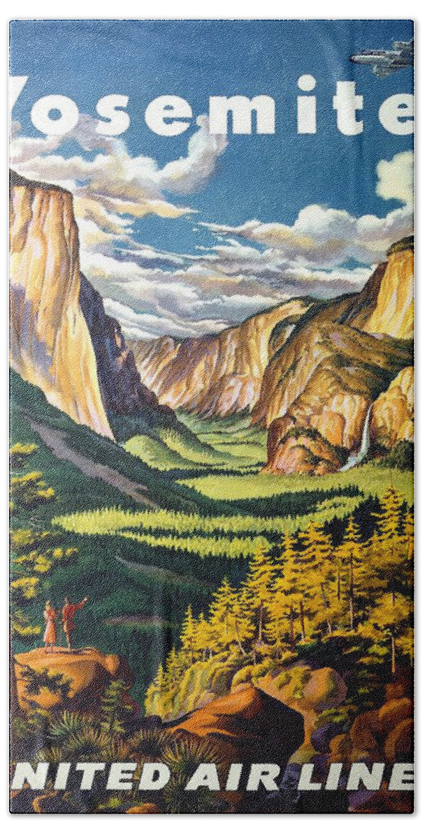 Yosemite Beach Towel featuring the mixed media Yosemite, California - United Air Lines - Retro travel Poster - Vintage Poster by Studio Grafiikka