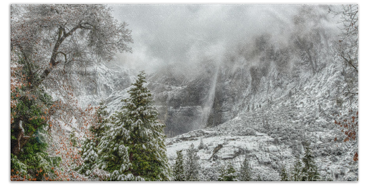 Yosemite Beach Towel featuring the photograph Yosemite Falls Winter Fury by Wayne Moran