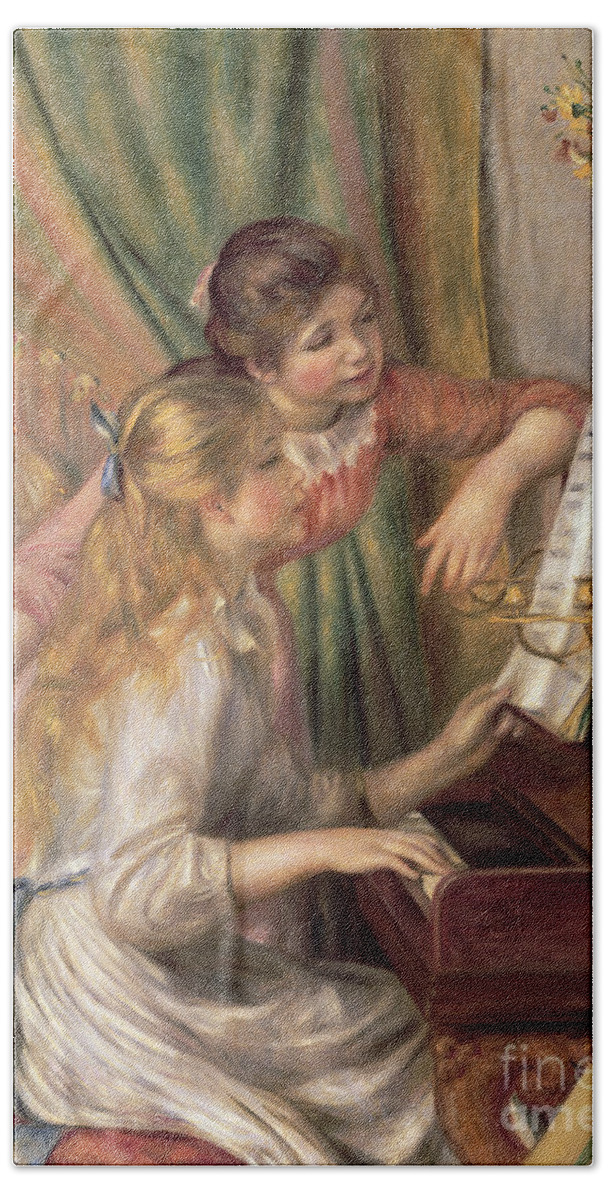Young Beach Towel featuring the painting Young Girls at the Piano by Pierre Auguste Renoir