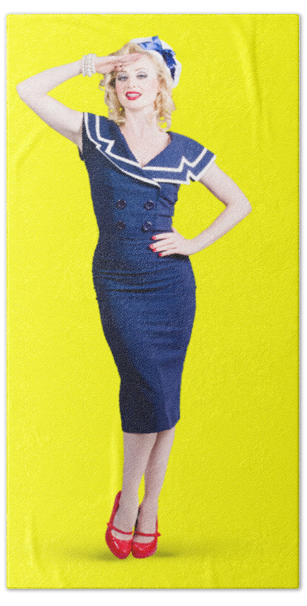 Sailor Beach Towel featuring the photograph Young retro pinup girl wearing sailor uniform by Jorgo Photography