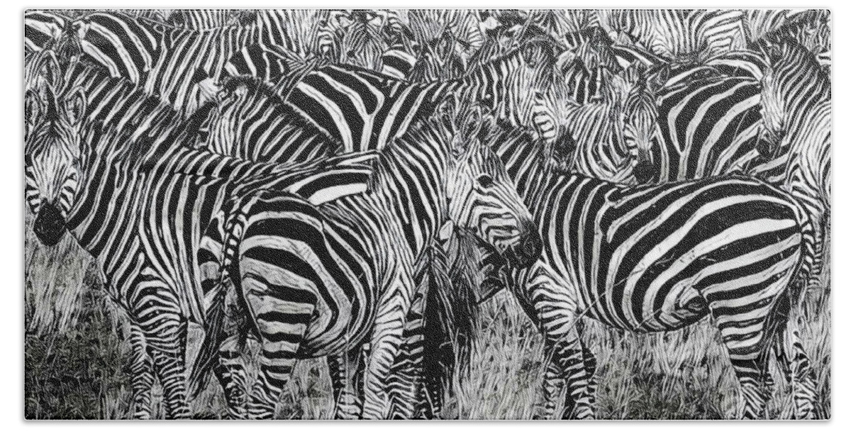 Zebra Beach Towel featuring the mixed media Zebra - Black and White by Russ Harris
