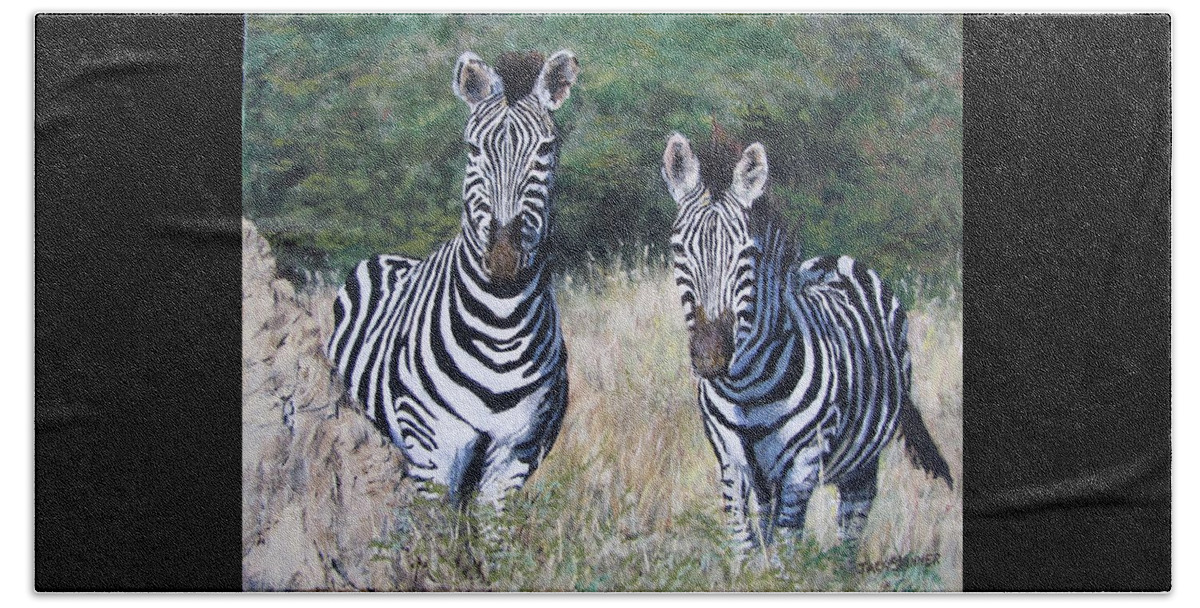 Zebras Beach Towel featuring the painting Zebras in South Africa by Jack Skinner