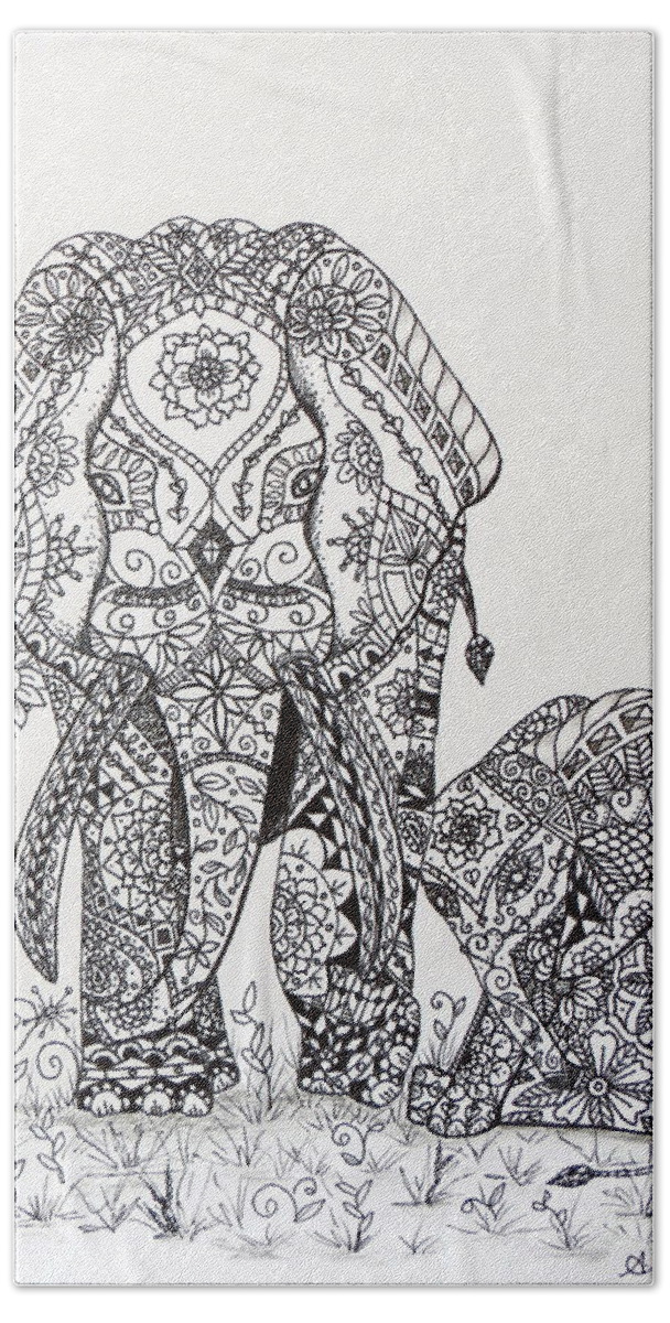 Aimee Mouw Beach Towel featuring the drawing Zentangle Elephants by Aimee Mouw