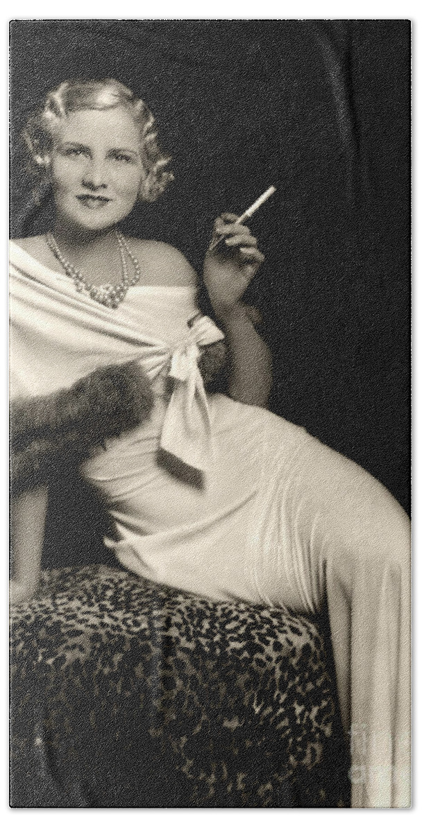 Ziegfeld Beach Sheet featuring the photograph Ziegfeld Model reclining in evening dress holding cigarette by Alfred Cheney Johnston by Vintage Collectables