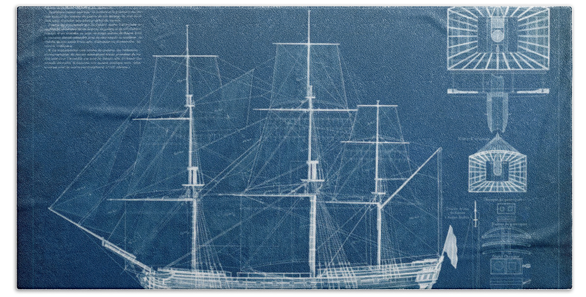 Home Beach Towel featuring the painting Antique Ship Blueprint Iv by Vision Studio