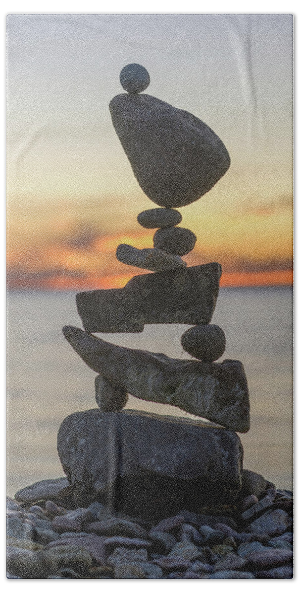 Meditation Zen Yoga Mindfulness Stones Nature Land Art Balancing Sweden Beach Towel featuring the sculpture Balancing art #34 by Pontus Jansson