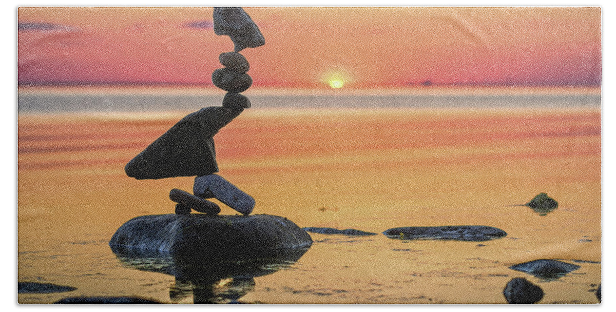 Meditation Zen Yoga Mindfulness Stones Nature Land Art Balancing Sweden Beach Towel featuring the photograph Balancing art #6-2 by Pontus Jansson