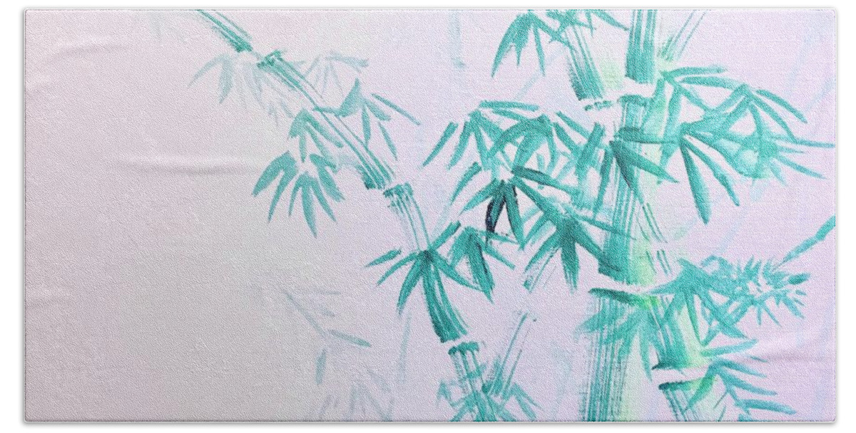 Acrylics Painting Of Bamboos Beach Towel featuring the painting Bamboos in green by Lavender Liu