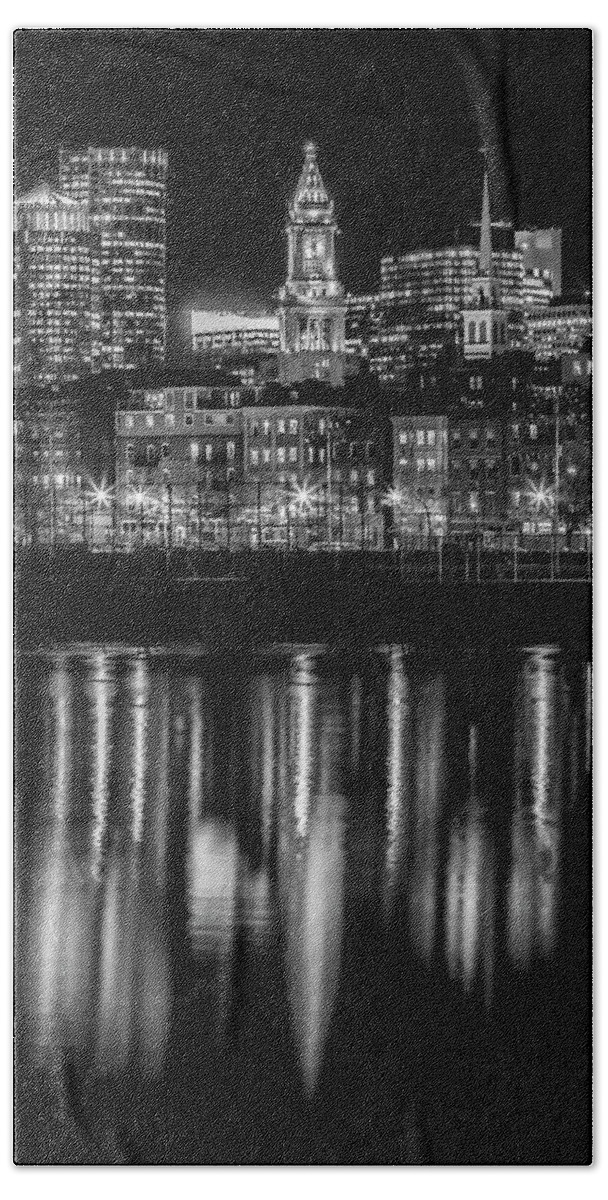 Boston Beach Sheet featuring the photograph BOSTON Evening Skyline of North End and Financial District - Monochrome #1 by Melanie Viola