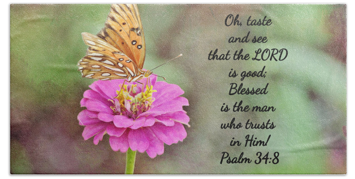 Butterfly Beach Towel featuring the digital art Butterfly Zinnia and Scripture #2 by Gaby Ethington