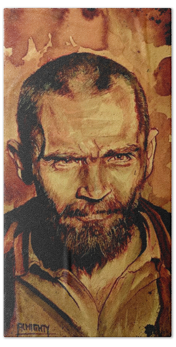 Ryan Almighty Beach Towel featuring the painting CHARLES MANSON portrait fresh blood #1 by Ryan Almighty