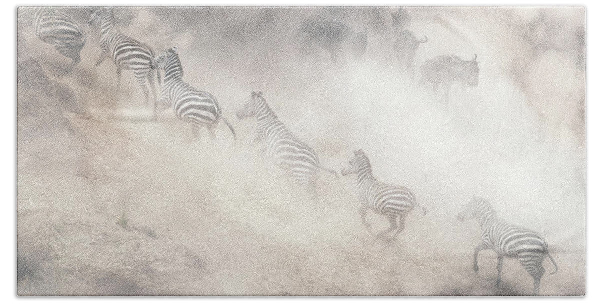 Wildlife Beach Towel featuring the photograph Dramatic Dusty Great Migration in Kenya by Good Focused