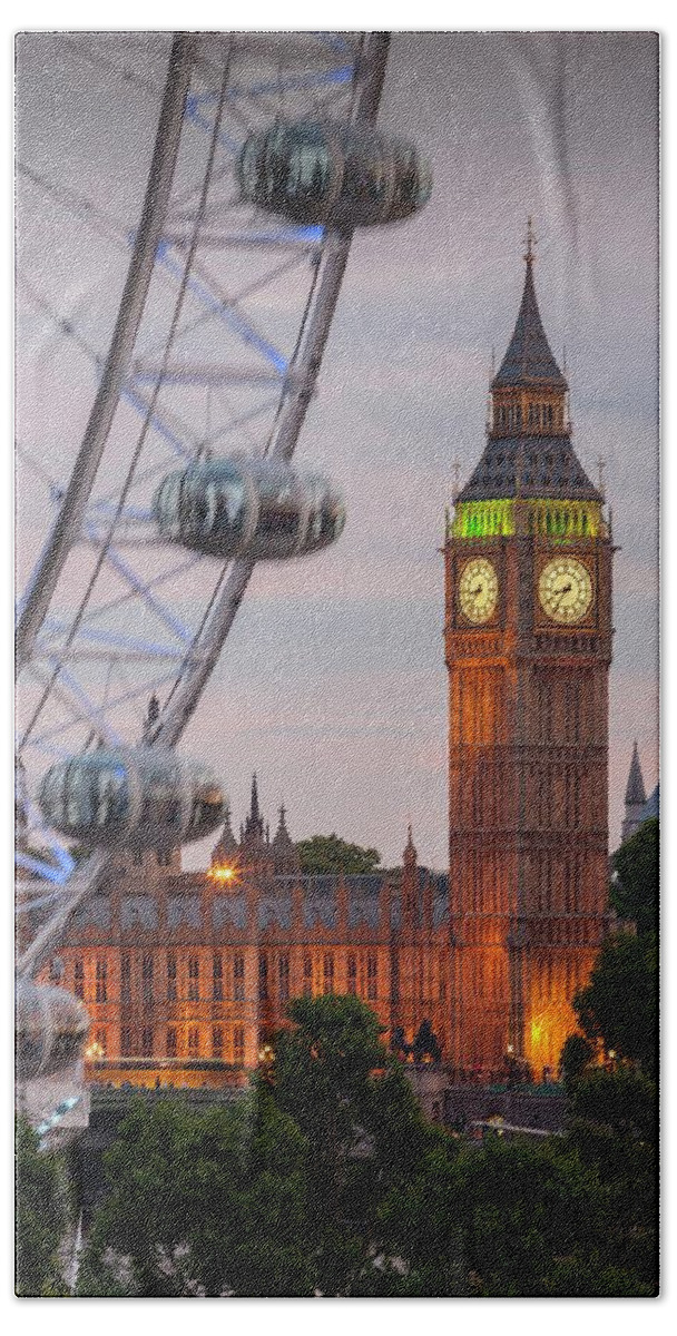 Estock Beach Towel featuring the digital art England, London, Great Britain, City Of Westminster, Big Ben And Part Of Millennium Wheel #1 by Massimo Ripani
