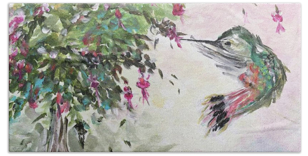 Hummingbird Beach Towel featuring the painting Hummingbird with Fuchsias by Roxy Rich