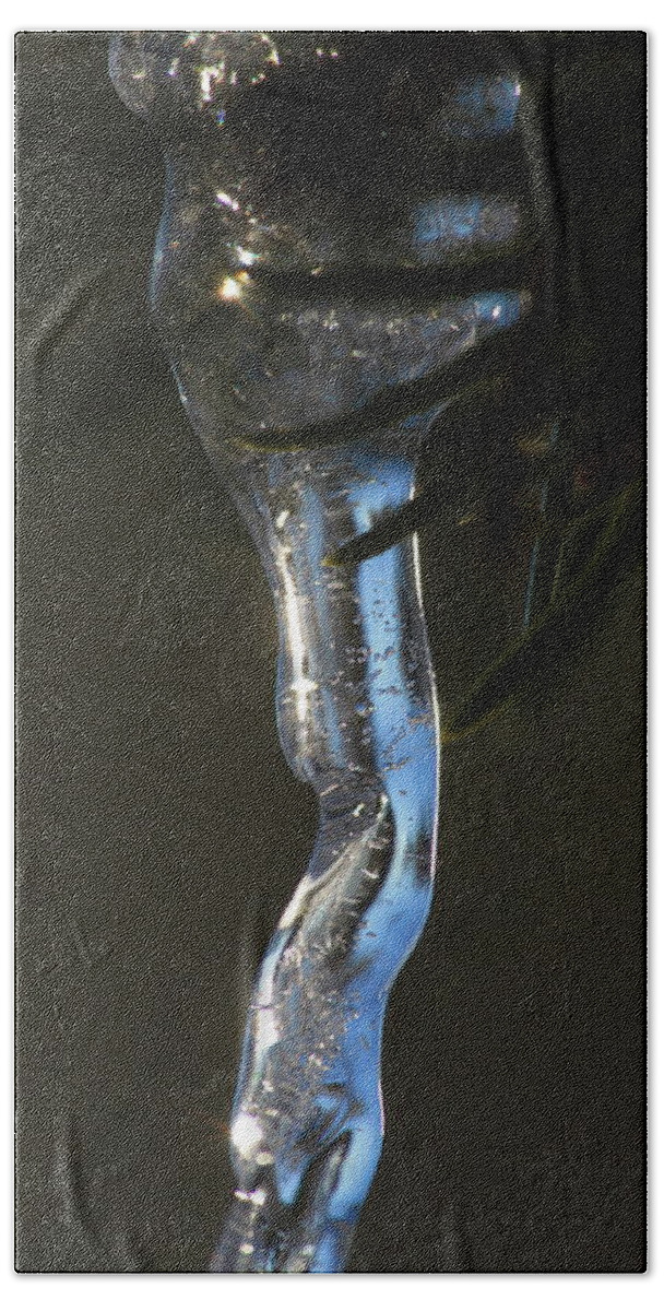 Abstract Beach Towel featuring the photograph Icicle hanging from a spruce twig #1 by Intensivelight