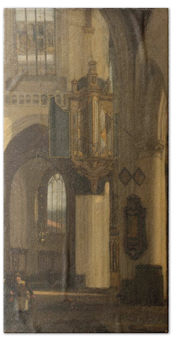 Emanuel De Witte Beach Towel featuring the painting Interior of a Protestant Gothic Church with Motifs from the Oude and Nieuwe Kerk in Amsterdam. Da... #1 by Emanuel de Witte