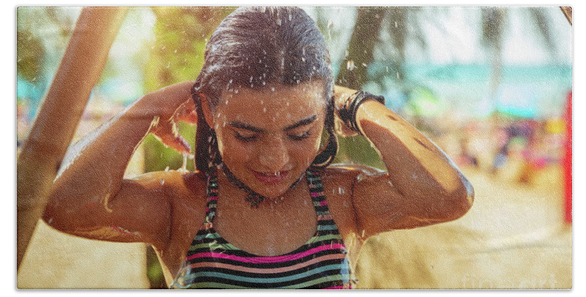 Little girl taking shower on the beach #1 Beach Towel by Anna Om - Fine Art  America