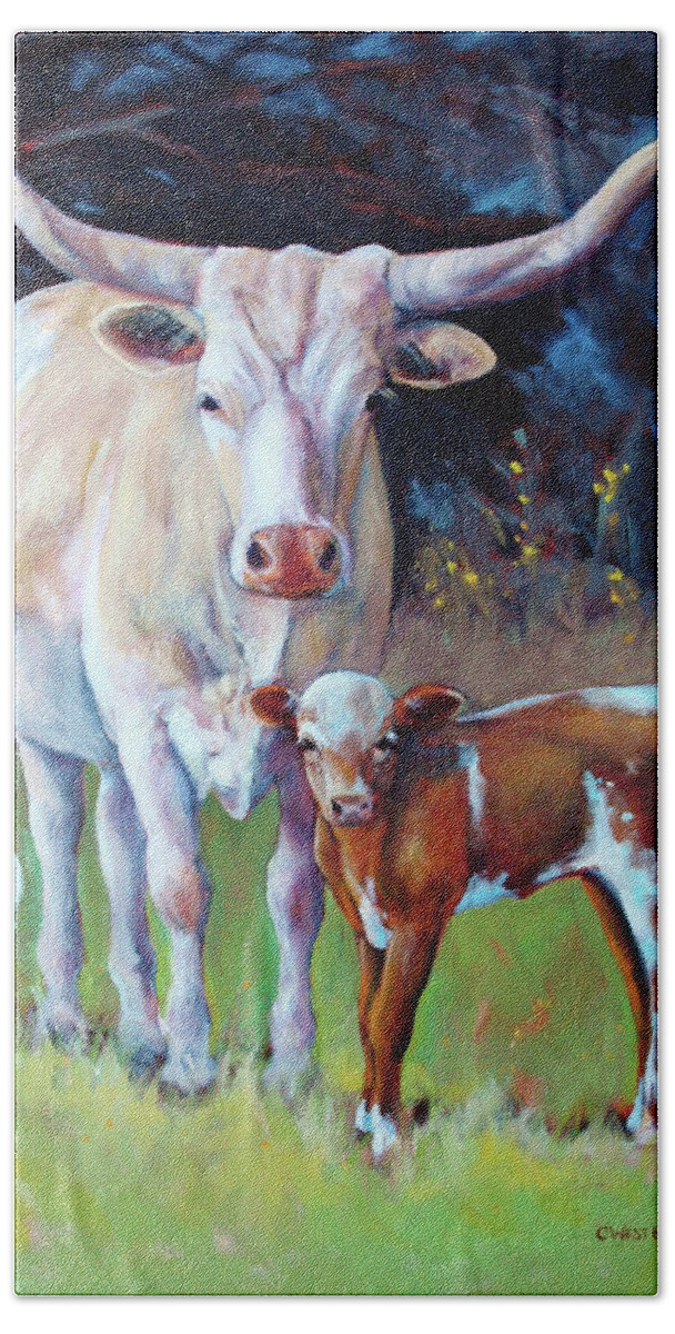 Cattle Beach Towel featuring the painting Mama and Jr. #2 by Cynthia Westbrook