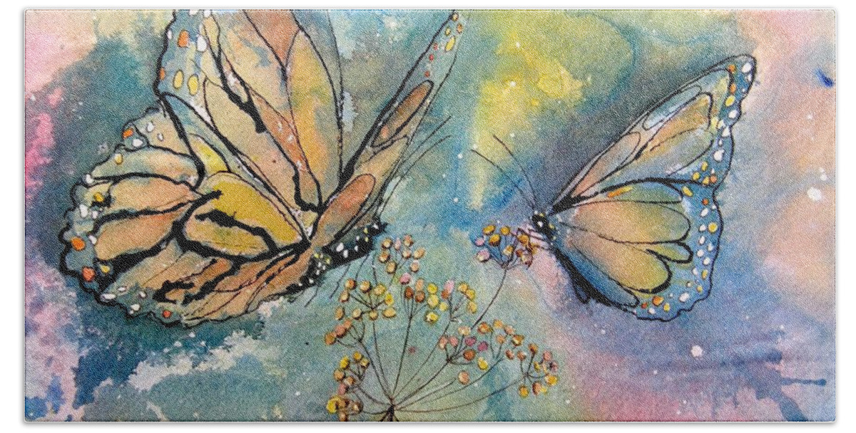 Monarchs Beach Towel featuring the painting Monarch Butterflies by Midge Pippel