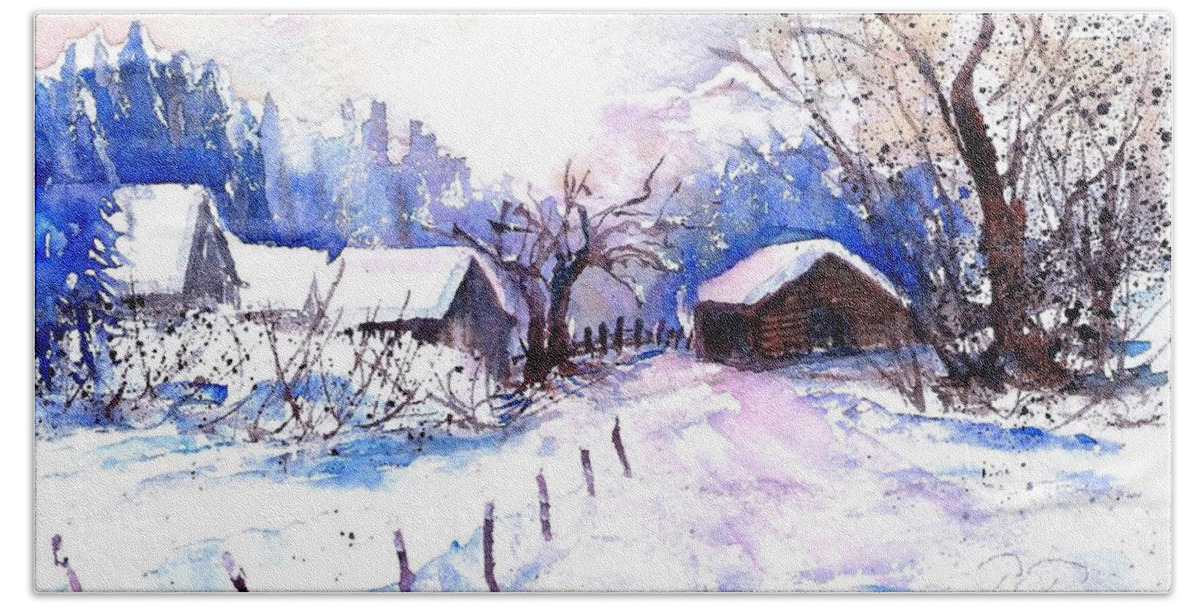 Mountain Village In Snow Beach Towel featuring the painting Mountain Village in Snow #2 by Sabina Von Arx