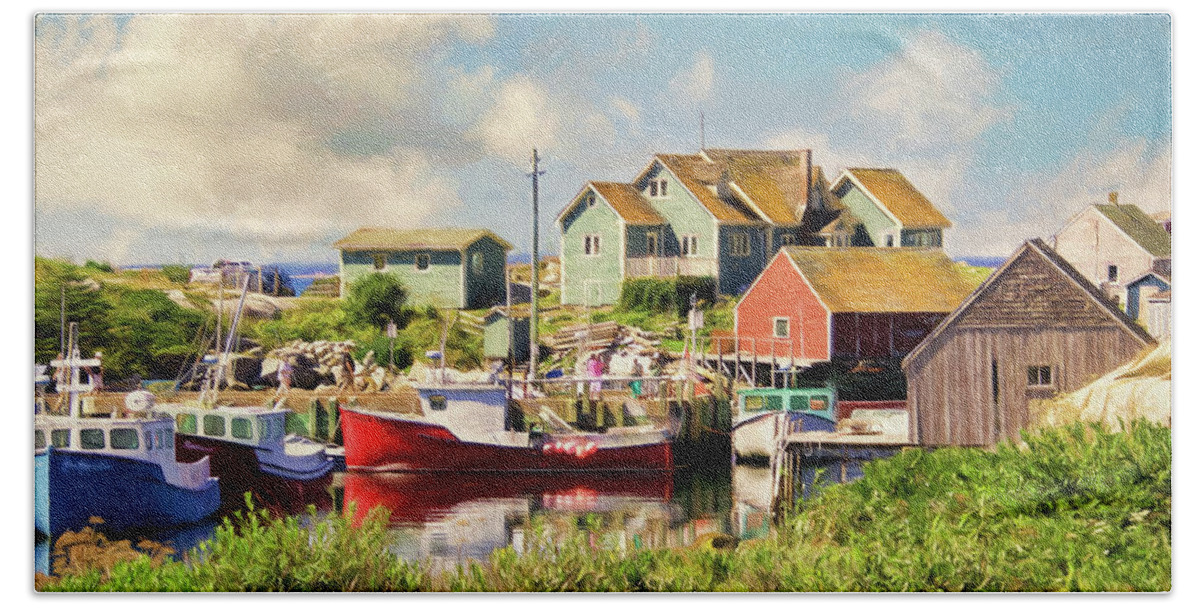 Peggys Cove Beach Towel featuring the mixed media Peggy's Cove, Nova Scotia by Peggy Collins