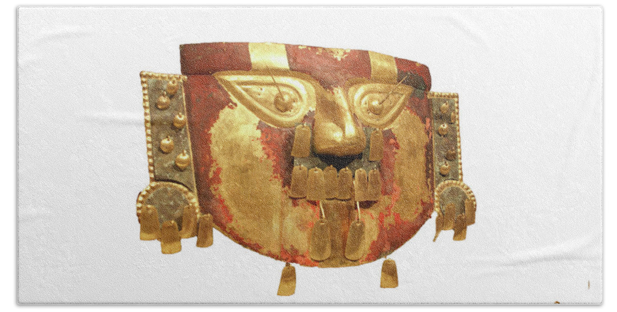 Museum Beach Towel featuring the photograph Peruvian Funerary mask, hammered gold from Peru , 9th - 11th cen #1 by Steve Estvanik
