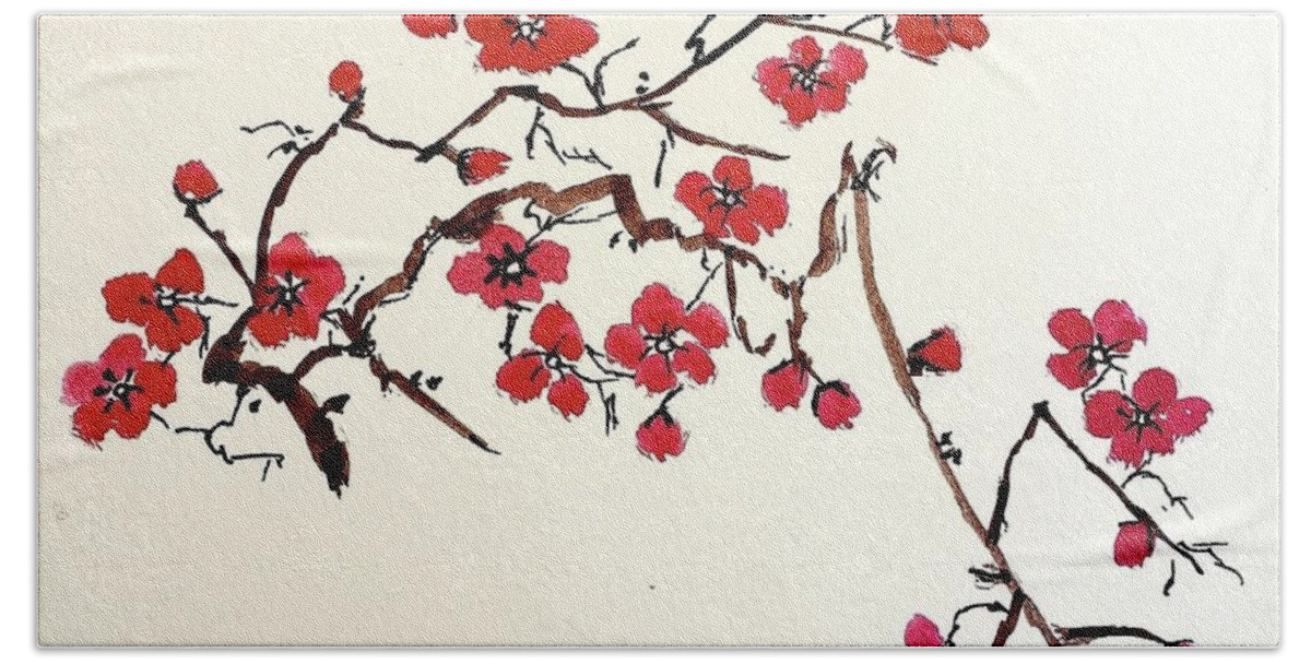 Plum Blossoms Beach Sheet featuring the painting Plum Blossoms #2 by Margaret Welsh Willowsilk