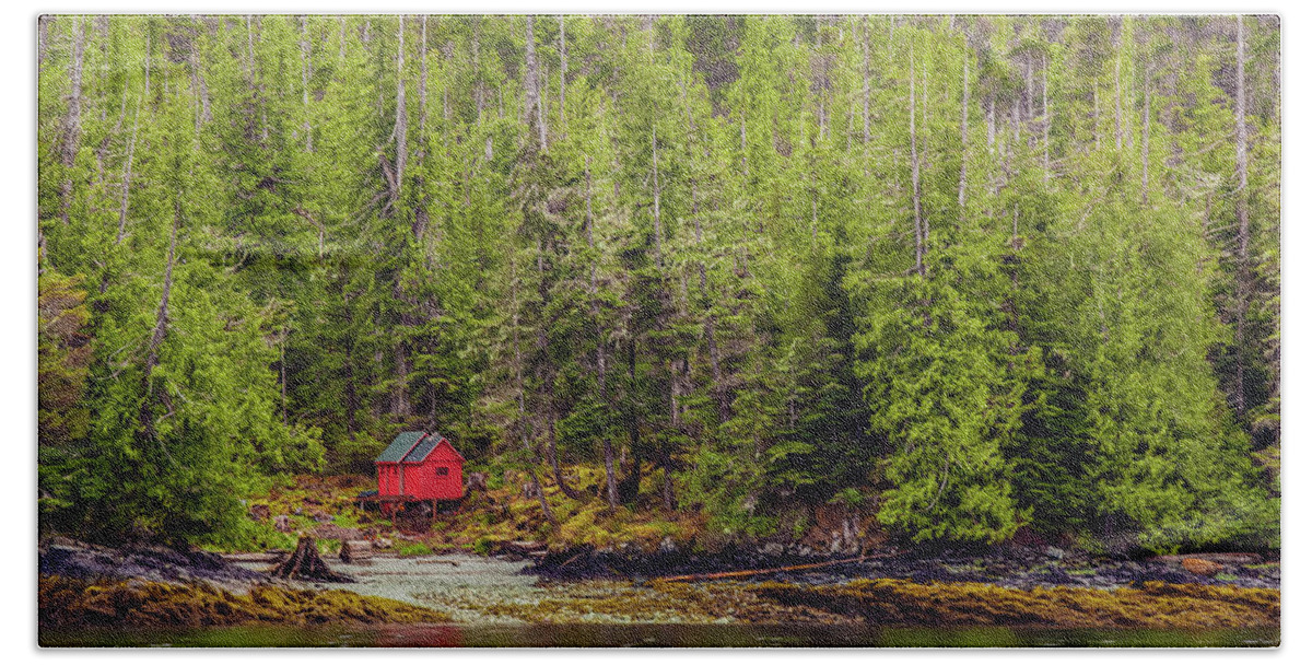 Alaska Beach Towel featuring the photograph Red Cabin on Edge of Alaskan Waterway in Evergreen Forest #1 by Darryl Brooks