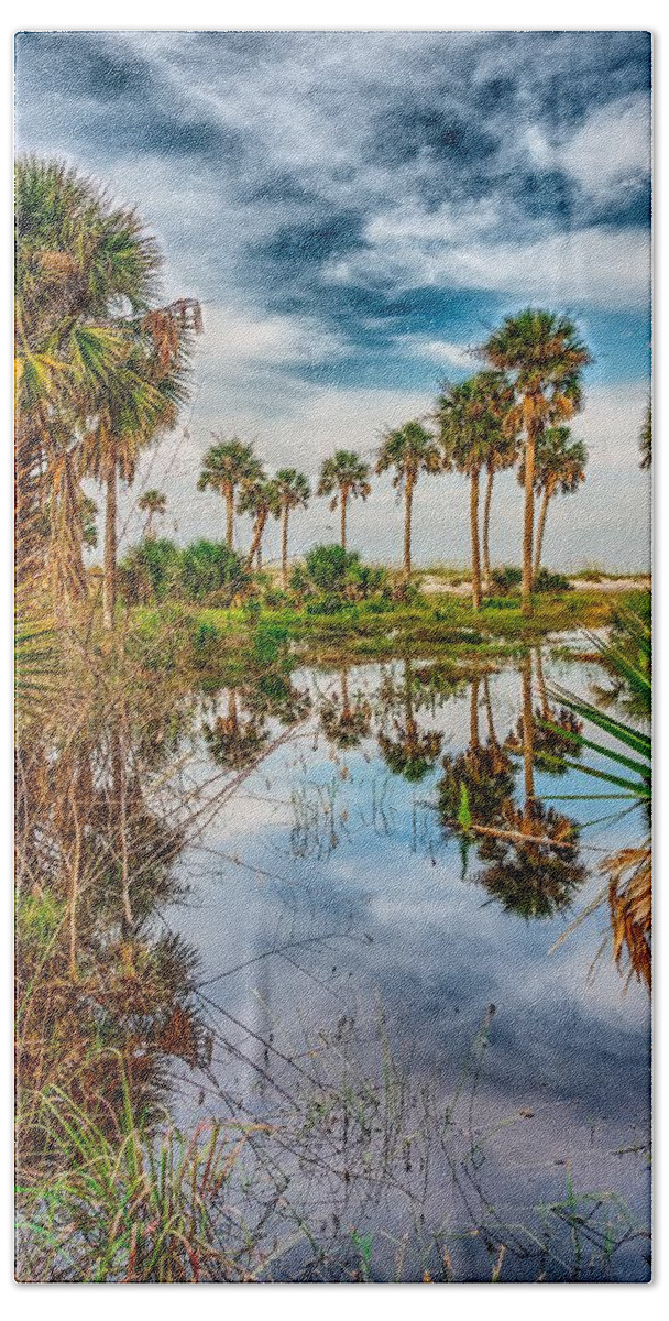 Beach Beach Towel featuring the photograph Reflections Of Palm Trees On Hunting Island South Carolina #1 by Alex Grichenko