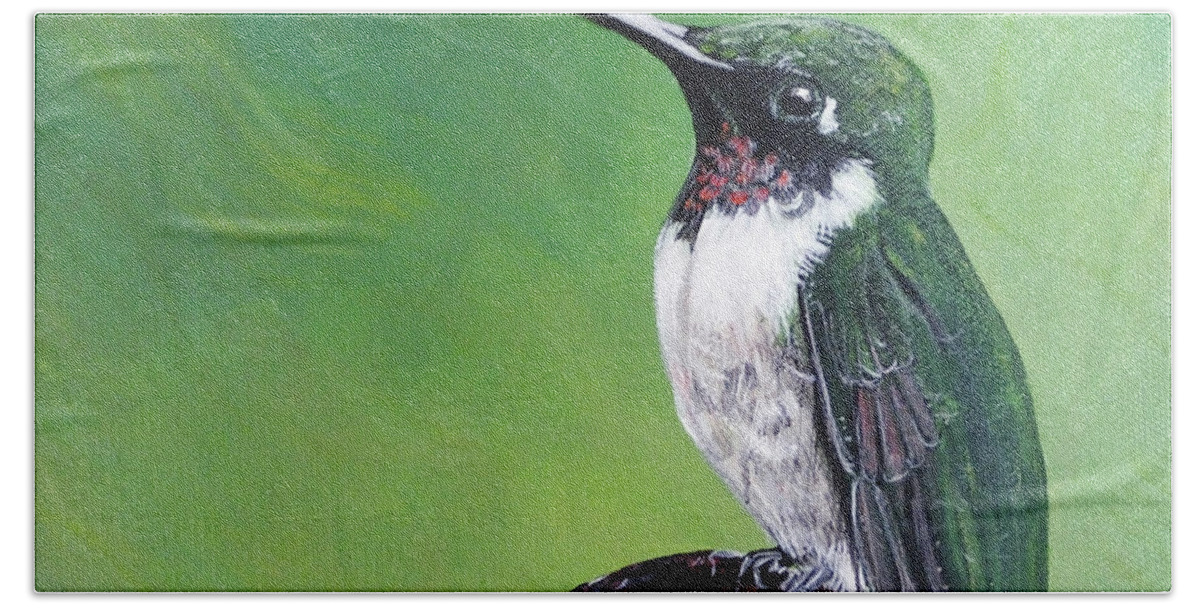 Hand Painted Original Art Beach Towel featuring the painting Ruby Throated Hummingbird #1 by Lizi Beard-Ward