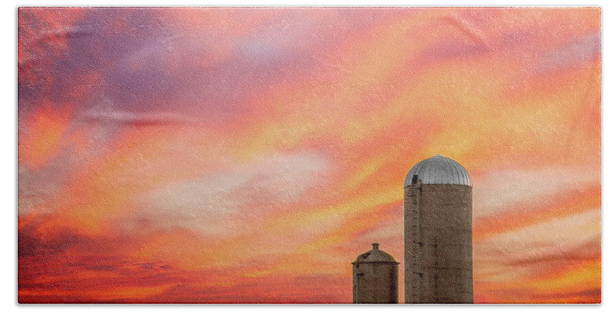 Silos Beach Towel featuring the photograph Rural Skies #1 by Todd Klassy