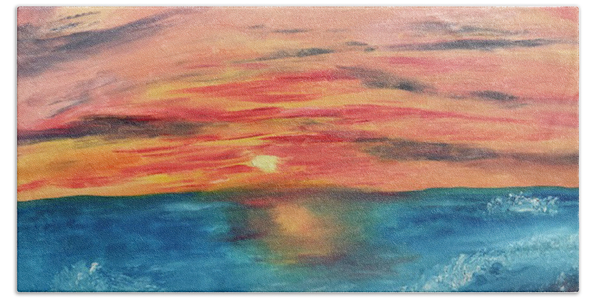 Orange Beach Towel featuring the painting Sunset over the Rolling Waves by Susan Grunin