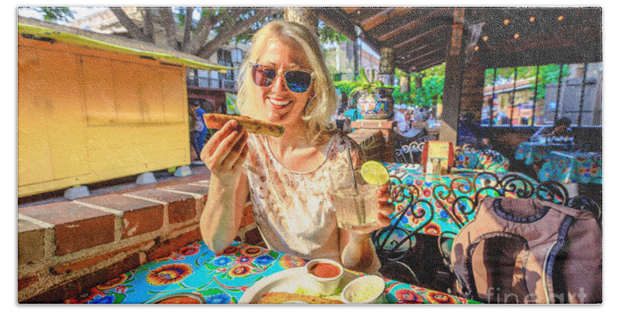 Los Angeles Beach Towel featuring the photograph Tourist woman at El Pueblo #1 by Benny Marty