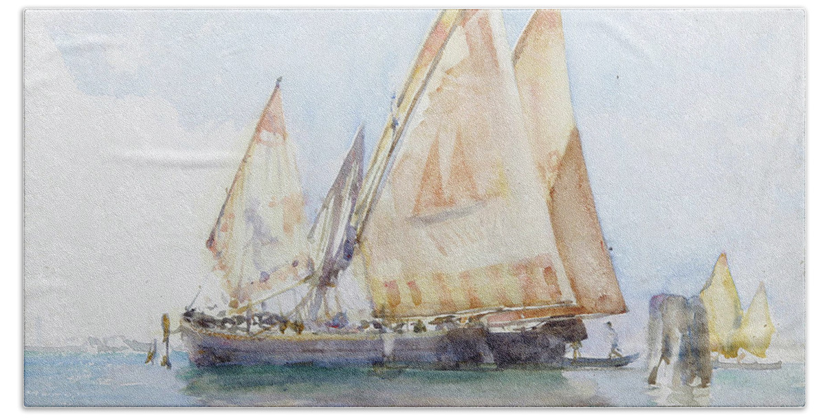 Henry Scott Tuke Beach Towel featuring the painting Venetian Sails by Henry Scott Tuke