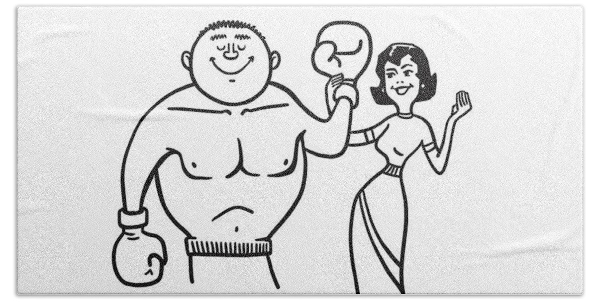 Adult Beach Towel featuring the drawing Woman Lifting the Arm of a Boxer #1 by CSA Images