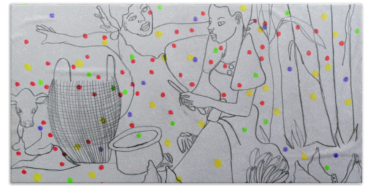Jesus Beach Towel featuring the painting Kintu and Nambi Kintus Tasks #100 by Gloria Ssali
