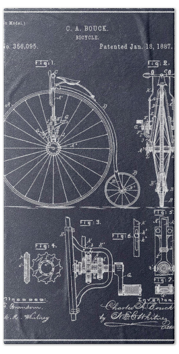 1961 Unicycle Patent Print Beach Towel featuring the drawing 1887 Bouck Bicycle Blackboard Patent Print by Greg Edwards