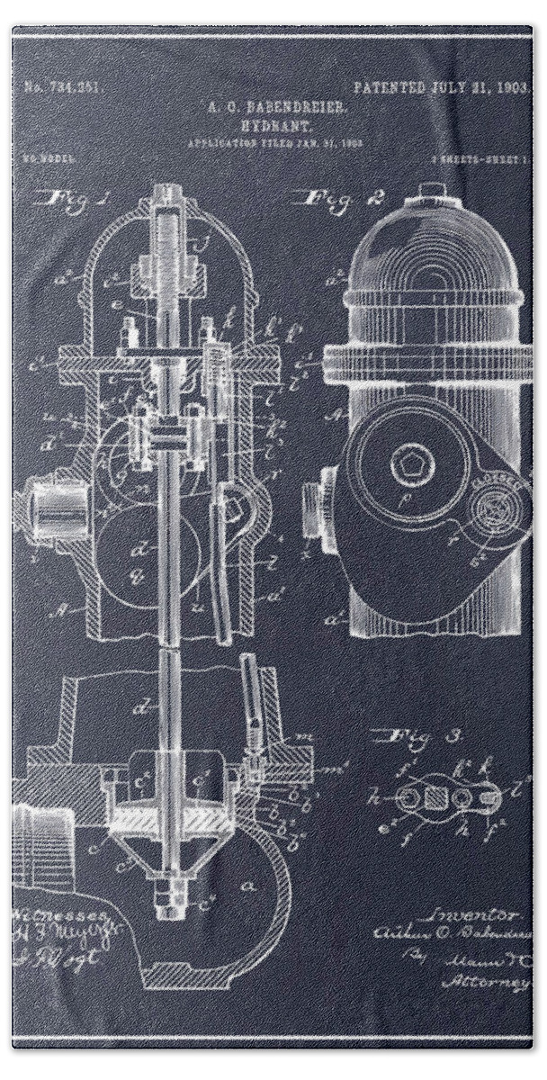 1903 Fire Hydrant Patent Print Beach Sheet featuring the drawing 1903 Fire Hydrant Blackboard Patent Print by Greg Edwards
