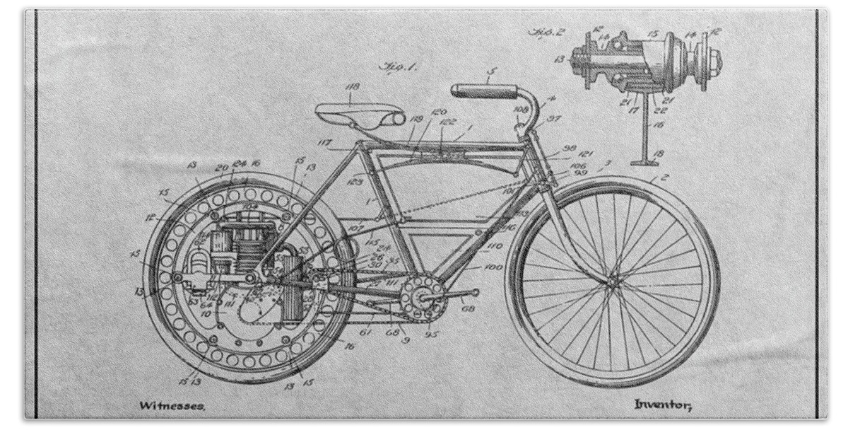 1908 Motor Wheel Motorcycle Patent Print Beach Towel featuring the drawing 1908 Motor Wheel Motorcycle Patent Print Gray by Greg Edwards