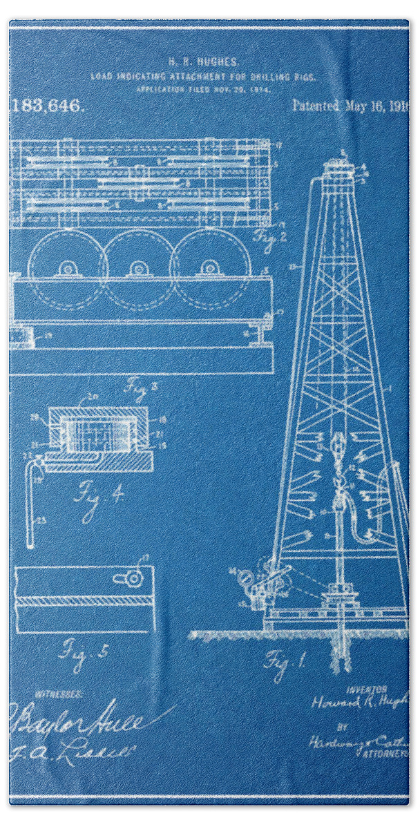 Howard Hughes Beach Towel featuring the drawing 1916 Howard Hughes Oil Drilling Rig Attachment Patent Print Blueprint by Greg Edwards