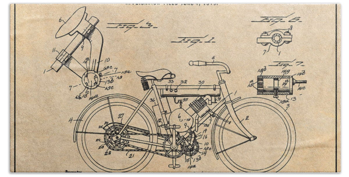 1919 W. J. Canfield Motorcycle Patent Print Beach Towel featuring the drawing 1919 W. J. Canfield Motorcycle Antique Paper Patent Print by Greg Edwards