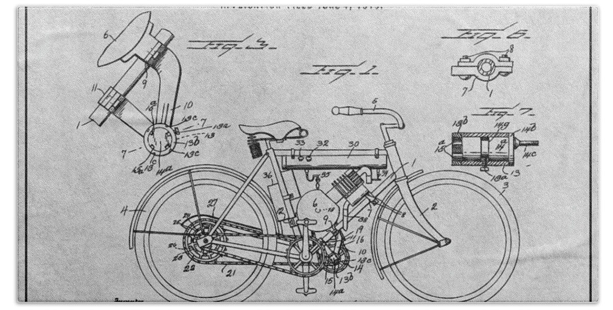 1919 W. J. Canfield Motorcycle Patent Print Beach Towel featuring the drawing 1919 W. J. Canfield Motorcycle Gray Patent Print by Greg Edwards