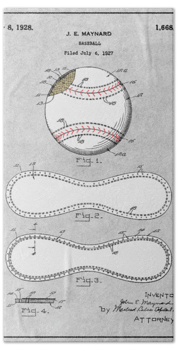 1928 J. E. Maynard Baseball Colorized Patent Print Beach Towel featuring the drawing 1928 J. E. Maynard Baseball Colorized Patent Print Gray by Greg Edwards