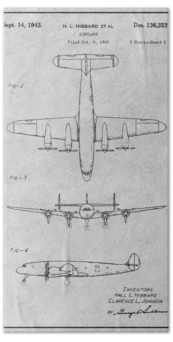 1942 Lockheed Constellation Airliner Patent Print 2 Beach Towel featuring the drawing 1942 Lockheed Constellation Airliner Gray Patent Print by Greg Edwards